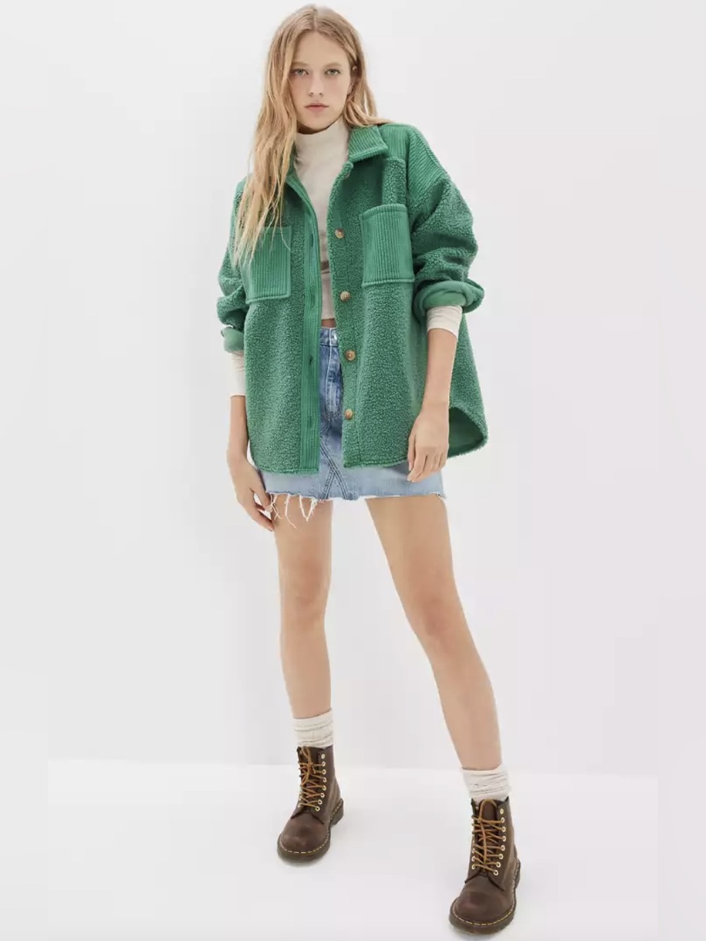 American Eagle Oversized Green Button-Down Sherpa Shacket Size Large